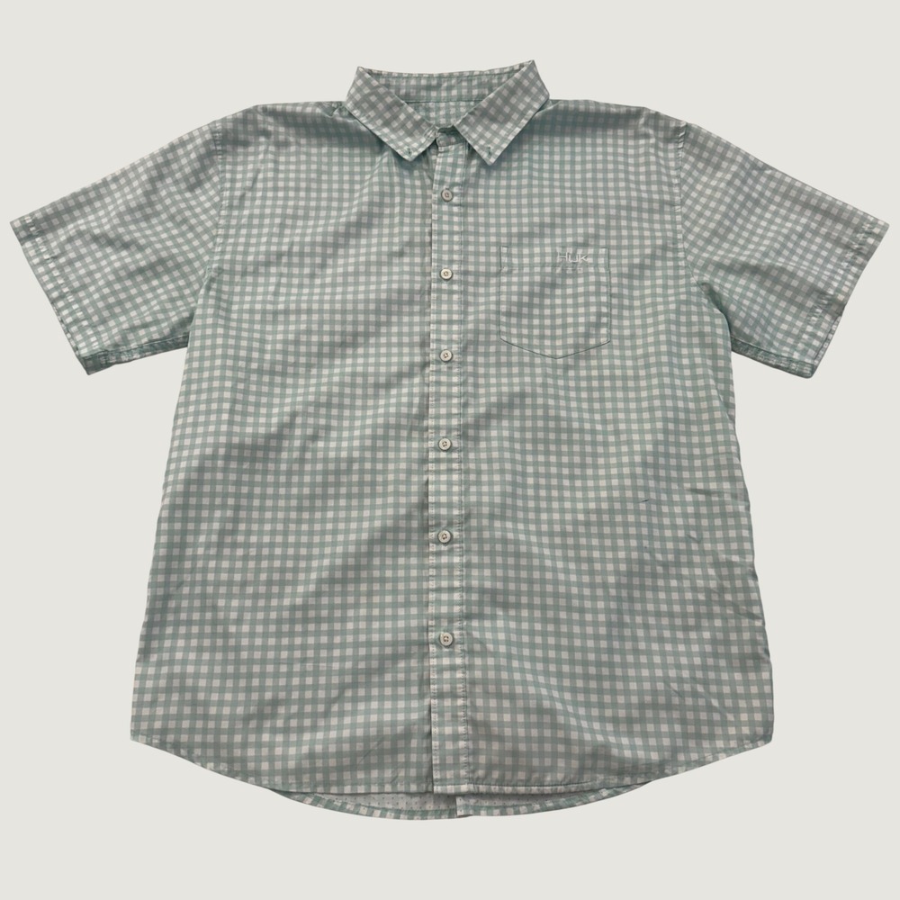 Huk Fishing Shirt Mens Large Green White Gingham Short Sleeve Performance Button